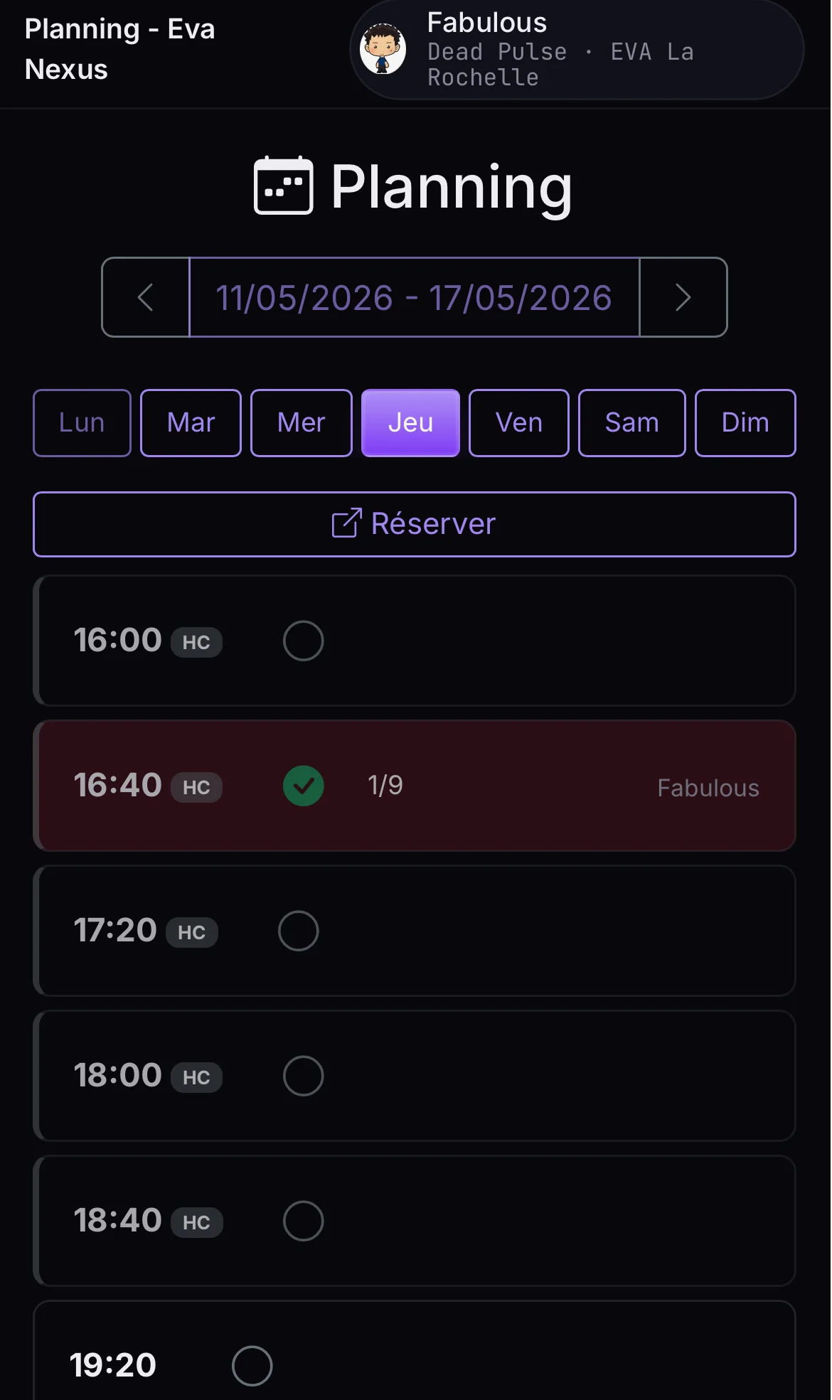 Aperçu du planning d'équipe
